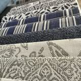 Blue and navy upholstery fabric samples